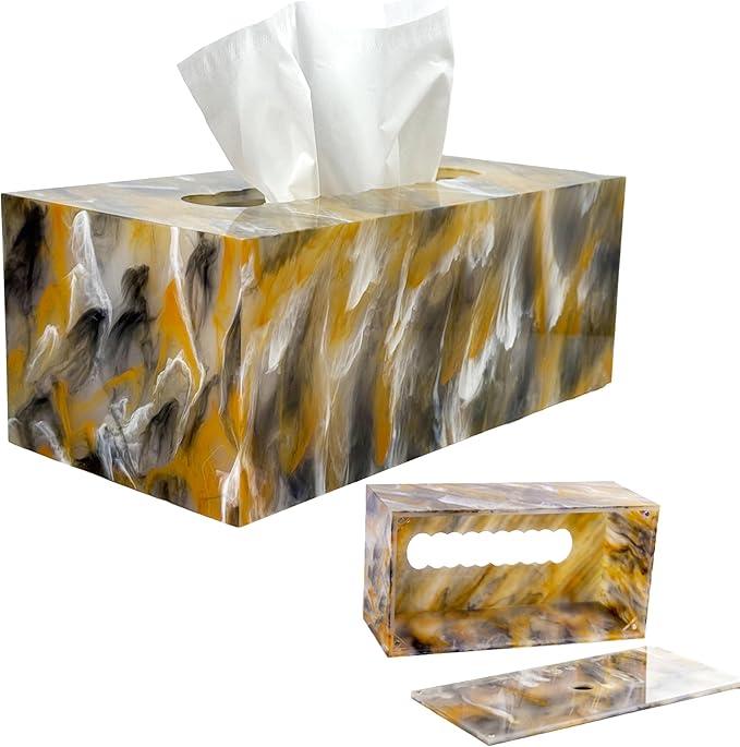 LebriQ Rectangular Tissue Box Cover | Heavyweight 1.5lbs Non-Slip Base | Gift Box Ready |Black, Amber & White Marble Acrylic Tissue Holder | Decorative Tissue Box for Bathroom, Bedroom,Office & Vanity - ModernBath