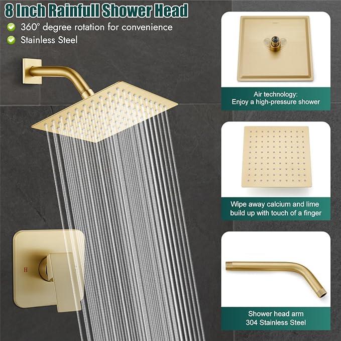 Heyalan 8 Inch Shower Head and Handle Set Square Shower Faucet Set Bathroom Rainfall Shower Faucet Set Stainless Steel Showerhead Single Function Shower Trim Kit,Male Thread Valve,Brushed Gold - ModernBath