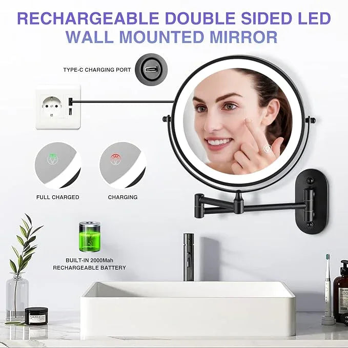 Rechargeable Wall Mounted Makeup Mirror, 8.5 inch Double-Sided 1/10x Magnifying Bathroom Mirror with 3 Color Lights, Lighted Vanity Mirror with 2-Touch Screen Dimming & Luminance Memory - ModernBath