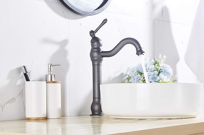 GGStudy Bathroom Faucet 360° Swivel Single-Handle One Hole Bathroom Vessel Sink Faucet Matching Pop Up Drain Grey Farmhouse Bathroom Vanity Faucet - ModernBath