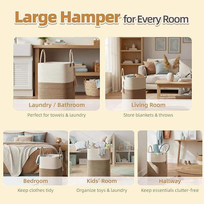 80L Tall Woven Laundry Hamper – Large Foldable Storage Basket with Handles for Clothes, Blankets, Toys, Bathroom, Living Room, Nursery Decor - ModernBath