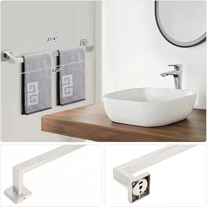 NearMoon 5 Pieces Bathroom Hardware Set 304 Stainless Steel, Square Towel Rack Kit - 24" Towel Rod + Towel Ring + Toilet Paper Holder + 2 Robe Hooks, Wall Mounted Bath Accessories (Brushed Nickel) - ModernBath