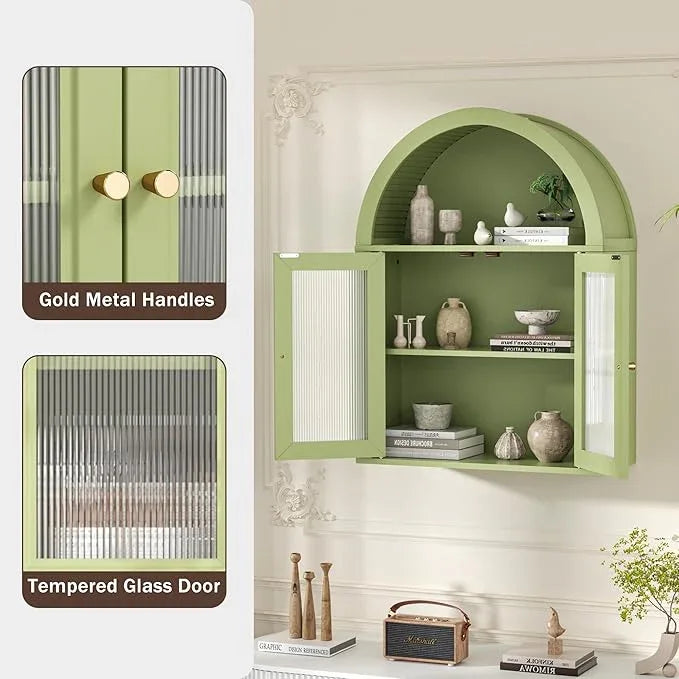Arched Bathroom Cabinet, Wall Mounted Bathroom Cabinet with Tempered Glass Doors and Adjustable Shelf, for Kitchen, Living Room, Laundry Room, Restroom, Green - ModernBath