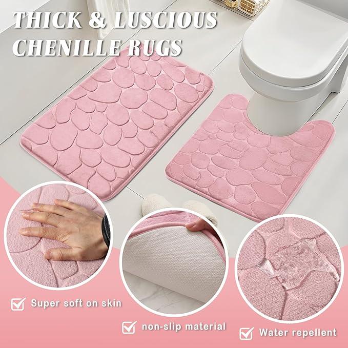 XLHOMO Pink Bathroom Set with Shower Curtain and Rugs- 25PC Bathroom Accessory Set, Pink Shower Curtain Set, Toilet Brush, Trash Can, Qtip Holder Dispenser & Soap Dispenser - ModernBath