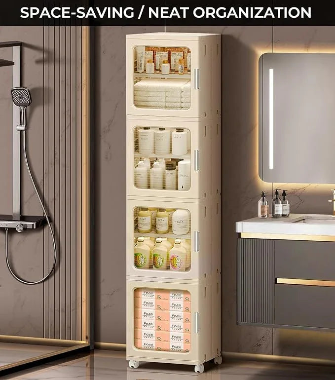 4-Tier Tall Narrow Bathroom Storage Cabinet with Doors and Adjustable Shelves Slim Foldable Cabinets with Wheels Small Spaces Plastic Organizers for Kitchen Laundry Room Bedroom Pantry,Beige - ModernBath