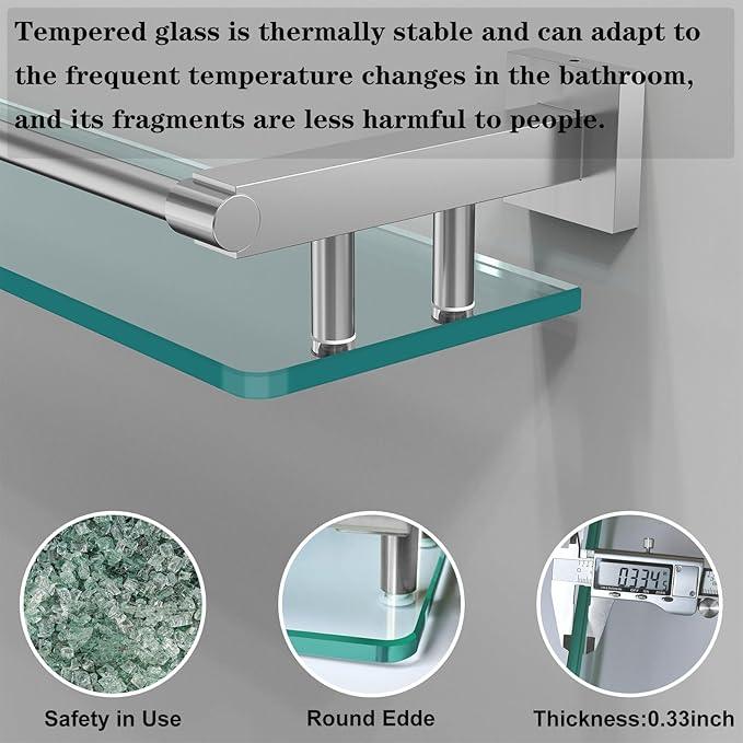 20 Inches Glass Shelf for Bathroom, Brushed Nickel Glass Shelves for Wall with Smooth Stainless Steel Railing, Modern Tempered Glass Organizer Shelf - ModernBath