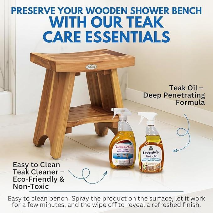 EcoDecors Teak Shower Bench 18", 300 lb Capacity – Waterproof Wood Bath Seat with Shelf, Spa Seating for Adults – Compact Fit for Small Bathrooms & Walk-in Showers – Slip-Resistant Feet - ModernBath