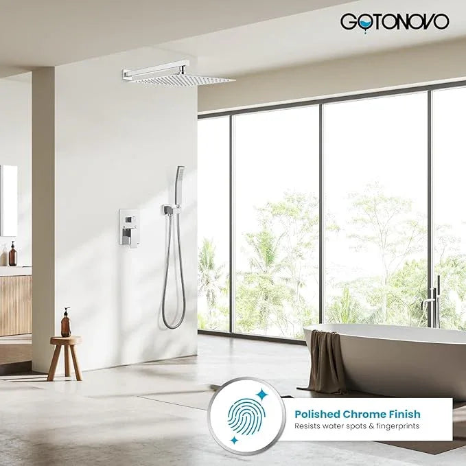 gotonovo Rainfall Bathroom Shower System Rain Shower Head and Handle Set Wall Mounted Shower Complete Combo Solid Brass Pressure Balancing Shower Mixer Valve 16 Inch Polished Chrome - ModernBath