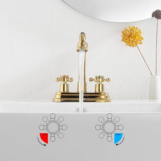 Bathroom Faucet Polished Gold GGStudy 2 Handles 4 Inches Centerset Bathroom Vanity with Drain Assembly and Supply Hose Lavatory Faucet Mixer Double Handle Tap - ModernBath