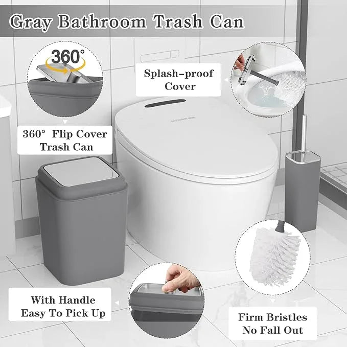 XLHOMO Grey Bathroom Accessories Sets Complete, 9-Piece Bathroom Accessories with Trash Can, Vanity Tray, Soap Dispenser, Soap Dish, Toothbrush Holder, Toothbrush Cup, Toilet Brush and Qtip Holders - ModernBath