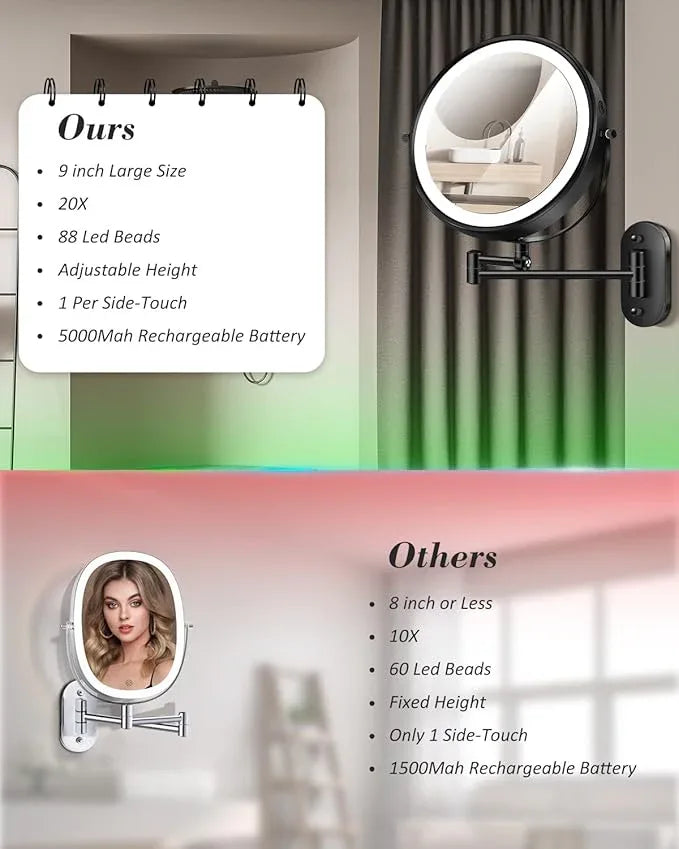 vpu 9" Wall Mounted Makeup Mirror with Light, 20X/1X Height Adjustable Double Sided Magnifying Bathroom Lighted Mirror, 3 Color Touch Dimmable Extended Arm 360 Rotation Light up Magnification Mirrors - ModernBath