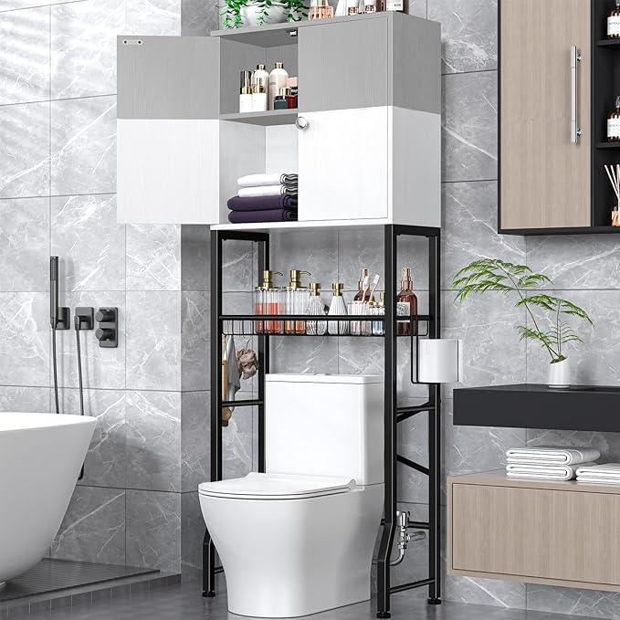 Over the Toilet Storage Cabinet - Freestanding Bathroom Organizer Shelf with Doors, gray & White Over the Toilet Shelves that Separates Wet and Dry Areas, Privacy Protection Above Toilet Storage Rack - ModernBath