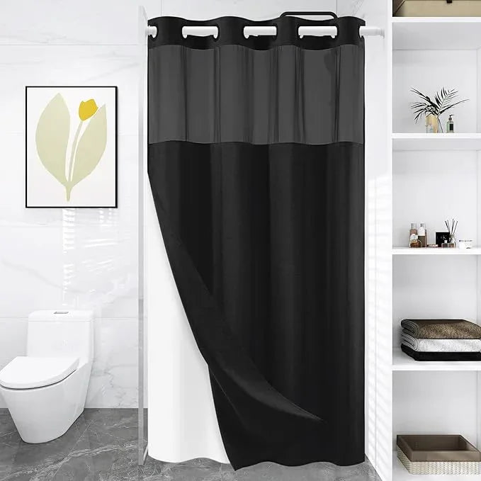 WONICY Small No Hook Shower Curtain with Snap in Liner, Polyester Textured Shower Curtain with Liner Set, Waterproof Washable Hotel Style Shower Curtains for Bathroom, 54Wx80H, Black - ModernBath
