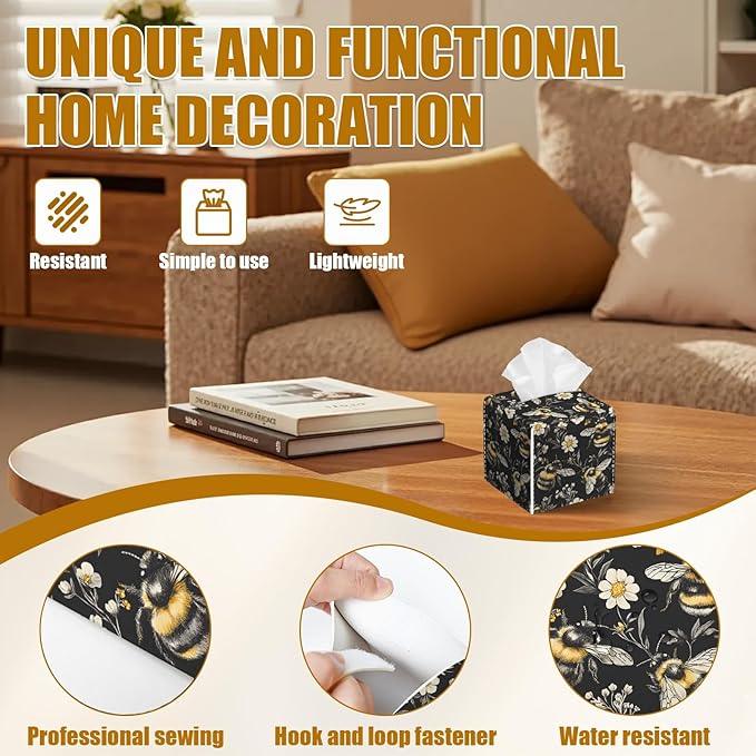 Honeybee White Daisy Tissue Box Cover 2PCS, Leather Tissue Box Holder Square Facial Paper Case Tissue Box Cube Organizer for Bathroom Bedroom Desk Office - ModernBath