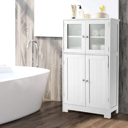 GOFLAME Bathroom Storage Cabinet, Freestanding Storage Cabinet with 4 Doors, Wooden Kitchen Cupboard with Adjustable Shelf, Buffet Sideboard, Multipurpose Home Organizer for Bathroom, Kitchen, White - ModernBath