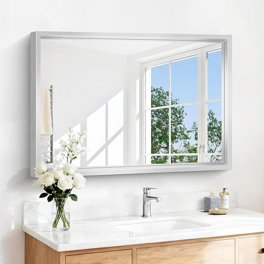 CIVENO 42x30 Silver Bathroom Mirror, Brushed Silver Rectangular Mirror for Wall, 0.6" Thickened Deep Frame Mirrors for Bathroom Sink, Shatterproof Tempered Glass, Antirust, Horizontally or Vertically