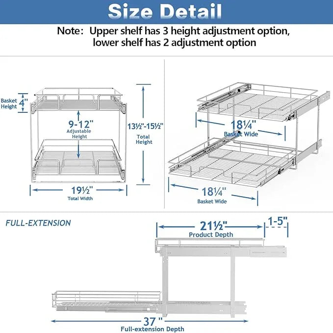 2 Tier Individual Pull Out Cabinet Organizer 19½" W x 21½" D, Heavy Duty Cabinet Pull Out Shelves, Slide Out Drawers Organization for Kitchen Cabinets Bathroom - ModernBath
