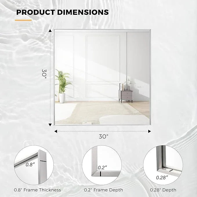 Bonverre 30x30 Inch Nickel Bathroom Mirror for Wall, Aluminum Frame Rectangle Rectangular Vanity Mirror, Modern Large for Bedroom, Living Room, Horizontal or Vertical - ModernBath