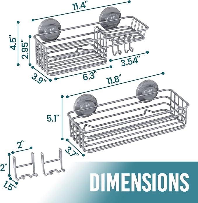 TAILI Shower Caddy Suction Cup 2 Pack with Hooks & Soap holder, Heavy Duty Shower Organizer for Bathroom, No Drilling Bathroom Organizer with Large Capacity, Metal Storage Basket-Grey - ModernBath