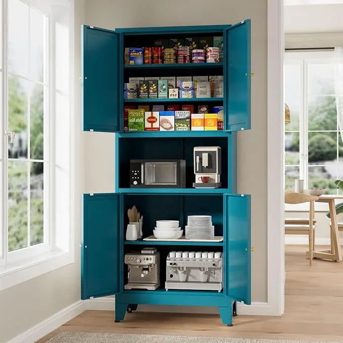 Metal Kitchen Pantry Cabinet, 69" Tall Storage Cabinet with 4 Doors and 3 Adjustable Shelves, Freestanding Cupboards for Dining Room, Living Room, Bathroom (Blue, 69" H) - ModernBath