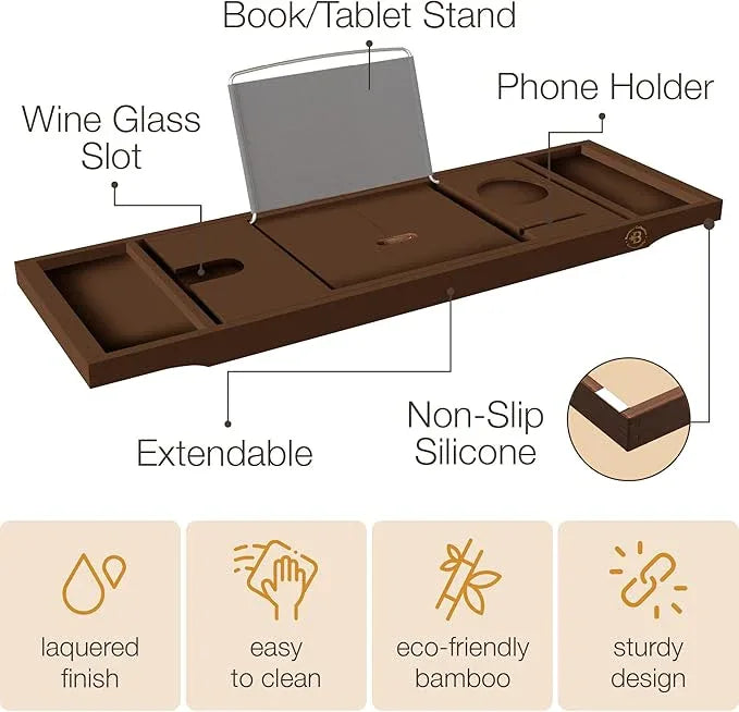Wooden Bathtub Tray - Foldable & Expandable Bamboo Bath Tray for Tub with Wine Holder, Book & Tablet Stand - Bath Caddy Tray for Bathtub, Spa Bath Accessories, Tub Tray Table, (Brown) - ModernBath