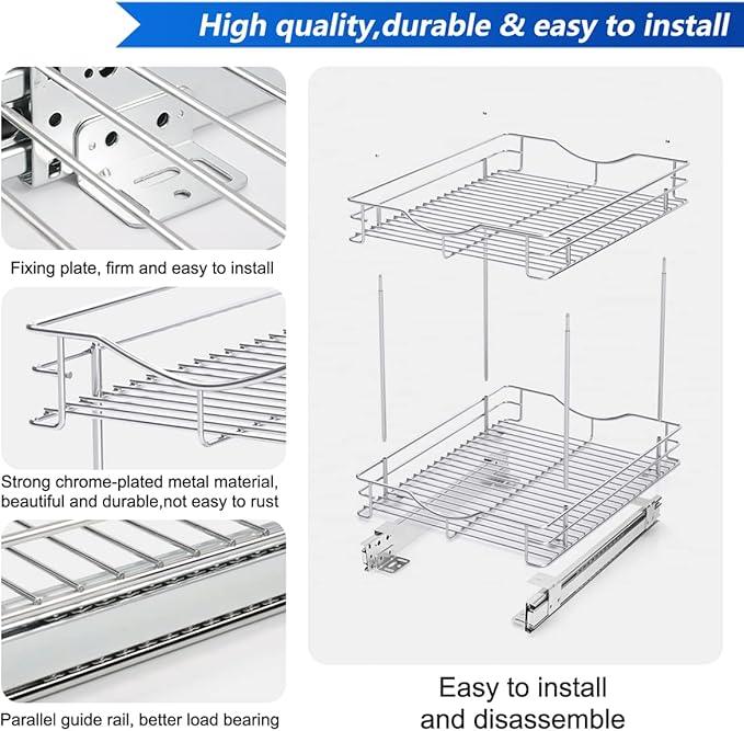 FULGENTE Chrome Finish Pull Out Drawer Cabinet Organizer 2 Tier (14" W X 18" D) Sliding Drawers For Kitchen Cabinets Cookware Organizer Drawer For Cabinet Slide Out Shelves - ModernBath