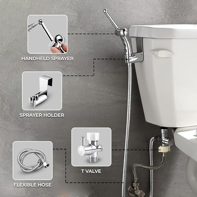 GenieBidet Sparkle Hand Held Bidet Sprayer - Includes Hybrid T Adapter & Stainless Steel Toilet Hose & Precision Knob/w Solid Brass Valve - ModernBath