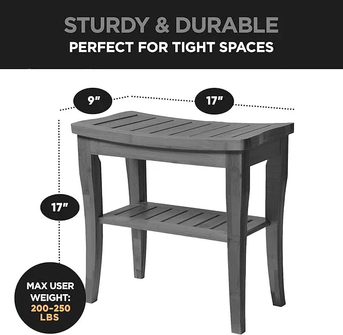 Grey Shower Bench - Small Wooden Shower Stool with Storage Shelf, Non-Slip Bathroom Seat, Spa Decor Bath Bench, Foot Rest Shaving Stool for Shower, Indoor Outdoor Use, Great Gift Idea (17" x 9 x 17) - ModernBath