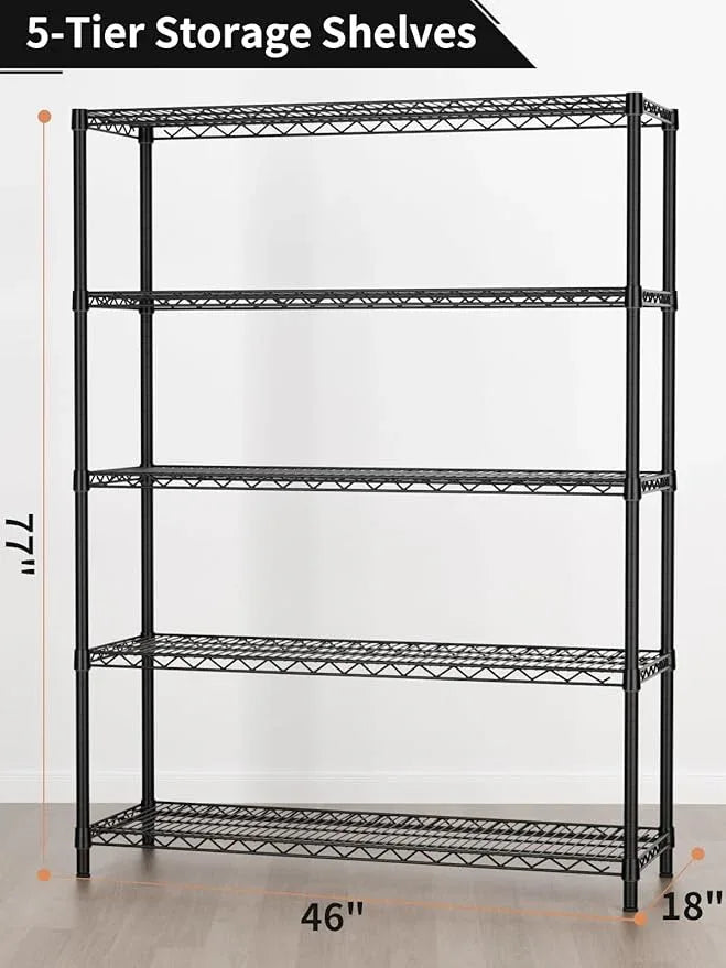 5 Tier Adjustable Storage Shelves Heavy Duty Metal Utility Shelf 1750LBS Capacity Wire Shelving Unit Organizer Rack for Home Kitchen Garage Pantry Room 18" D x 46" W x 77" H Black - ModernBath