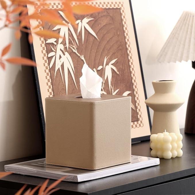 WUUAHOME Tissue Box Cover Square, Modern Leather Tissue Box Holder, Decorative Facial Tissue Paper Dispenser for Home Decor, Living Room, Hotel, Office, Restaurant, Cafe (Light Brown) - ModernBath
