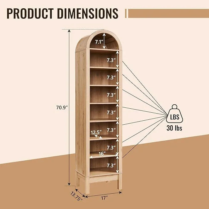 71" Tall Arched Bathroom Storage Cabinet, 8-Tier Modern Farmhouse Storage Cabinet with Adjustable Shelves, Wood Freestanding Cabinet for Bathroom, Living Room, Entryway, Hallway (Natural) - ModernBath