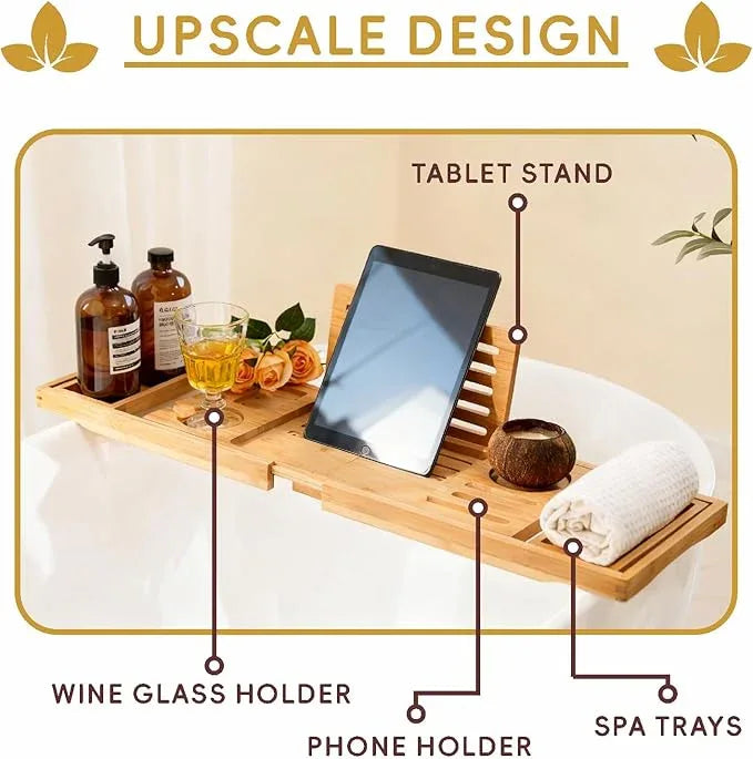 Premium Foldable Bamboo Bathtub Tray Caddy, Expandable Bath Caddy Tray with Holder, Natural Bath Shelf Over Tub, Spa Bathroom Accessories & Gifts for Home - ModernBath