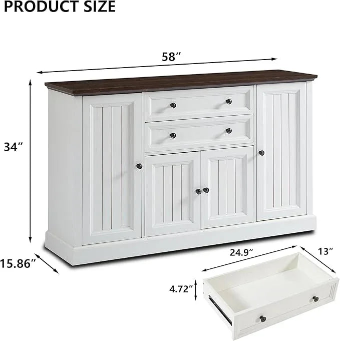 Farmhouse 58" Buffet Cabinet with Storage, 34" Tall Coffee Bar Cabinet w/2 Large Drawers & 4 Grooved Barn Doors, Wood Rustic Sideboard Buffet Cabinet for Dinning Room, Kitchen, Living Room,White - ModernBath