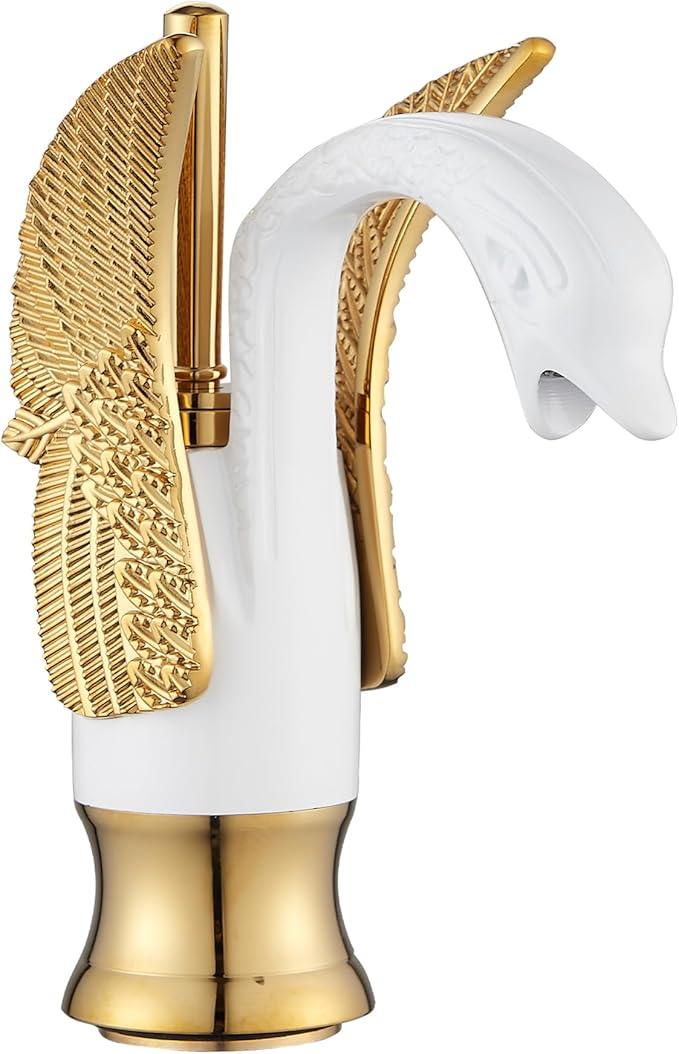 GGStudy Bathroom Faucet White Mixed Gold Swan Single Handle 1 Hole Bathroom Vanity Faucet Basin Tap Deck Mount Lavatory - ModernBath