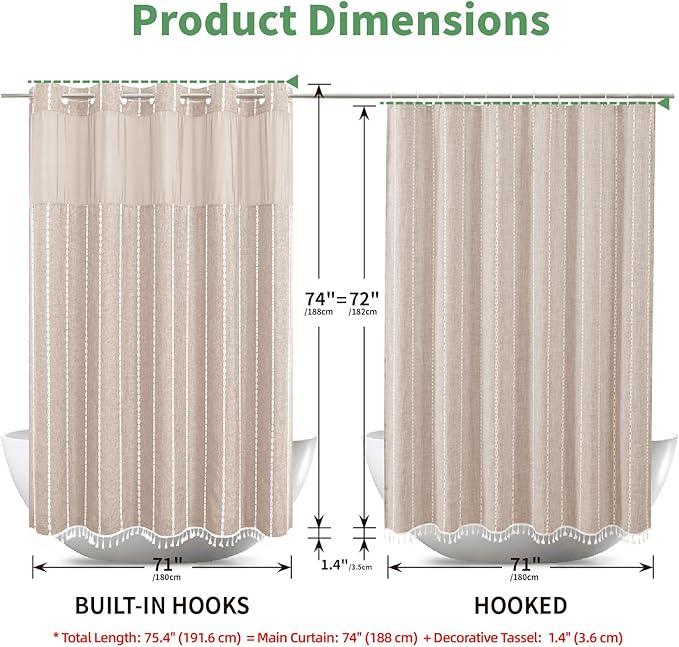eachope Boho Farmhouse No Hook Shower Curtain Set with Snap-in Fabric Liner,Heavy-Duty Linen Textured Rustic Striped Design,Water-Repellent with Tassels and Sheer Window,Tan/Taupe,71x74 - ModernBath