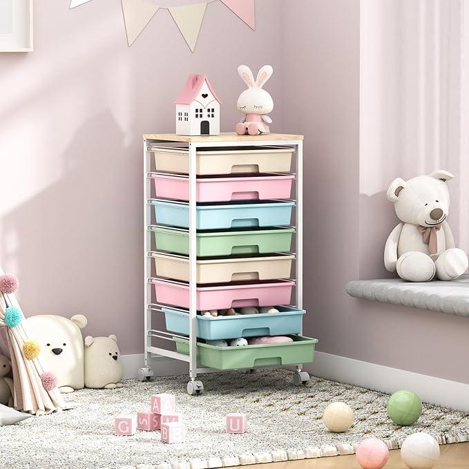 Rolling Storage Cart with Drawers,Utility Cart With 8 Drawers and Wooden Tabletop,Rolling Drawer Cart,Storage Drawer Cart for Living Room,Classroom,Bedroom,Bathroom,Dorm,Office,Rainbow - ModernBath