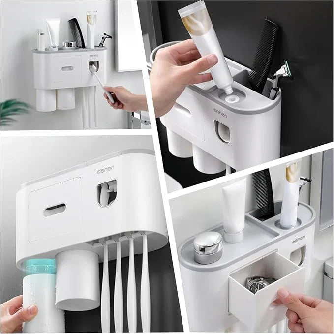 Celsitudo No-Drill Wall Mounted Toothbrush Holder, Bathroom Shelf, with Automatic Toothpaste Dispensers 4 Brush Hooks1 Magnetic Cups 1 Cosmetic Drawer Organizer and Large Storage (1 Dispenser 1 Cup) - ModernBath