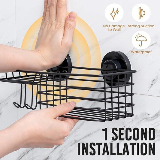 LEVERLOC Shower Caddy Suction Cup, 2 Pack suction shower shelf with Hooks & Soap holder, NO-Drilling Bathroom Holder, Rustproof bathroom organizer, Black - ModernBath