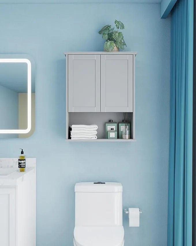 Bathroom Cabinet Wall Mount Buffering Hinge,23"x29" inch Over Toilet Storage Cabinet and Adjustable Shelves, Large Space Wooden Medicine Cabinet (Light Gray) - ModernBath