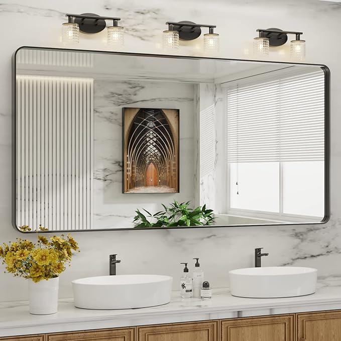 LOAAO Black Metal Framed Bathroom Mirror for Wall, Large 72X32 Inch Rounded Rectangle Mirror, Matte Black Bathroom Vanity Mirror Farmhouse, Anti-Rust, Tempered Glass, Hangs Horizontally or Vertically - ModernBath