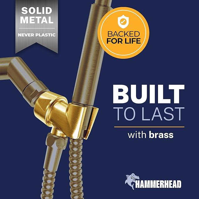HammerHead Showers Solid Metal Handheld Showerhead Holder, Adjustable Wand Holder with Universal Wall Hook Bracket and Brass Pivot Ball, Brushed Gold - ModernBath