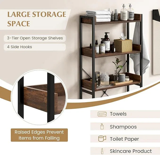 Tangkula Over The Toilet Storage, 3-Tier Toilet Rack Bathroom Space Saver with 4 Hooks & Adjustable Bottom Bar, Freestanding Bathroom Organizer Shelf Over Toilet for Restroom Balcony Laundry (Brown) - ModernBath