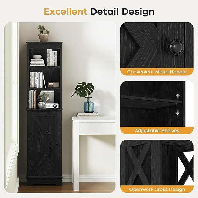 Narrow Bathroom Storage Cabinet with Door and Open Adjustable Shelves, 60.9" H Wooden Tall Tower Corner Farmhouse Cabinet, Freestanding Organizer for Kitchen, Entryway Black - ModernBath