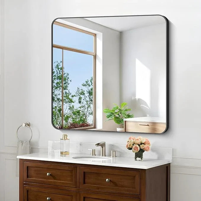 CIVENO Black Bathroom Mirrors for Wall, 30"x30" Square Mirror, Rounded Corner Metal Frame Wall Mirror, Bathroom Vanity Mirror for Bedroom Living Room Entryway Horizontal Or Vertical Mounting - ModernBath