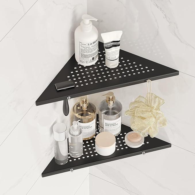 10" Bathroom Corner Shelf, 2 Pack Recessed Shower Shelf Caddy, SUS304 Stainless Steel Shelf Wall Mount Triangular, No Drilling Matte Black - ModernBath