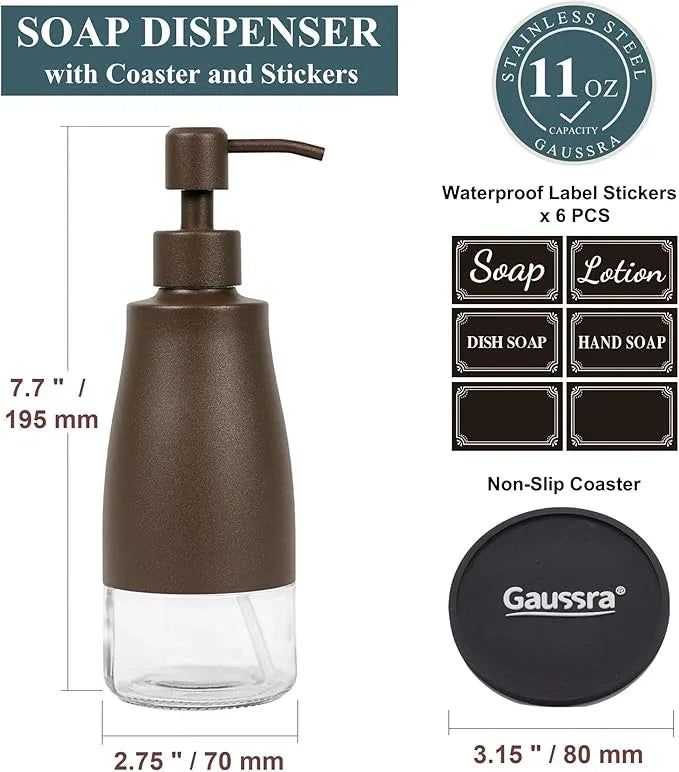Gaussra Bronze Soap Dispenser with Coaster and Stickers, Stainless Steel and Glass Bottle Hand Pump Dispenser, Refillable Liquid Hand Soap Dispenser for Bathroom & Kitchen (11OZ / 320ML) - ModernBath