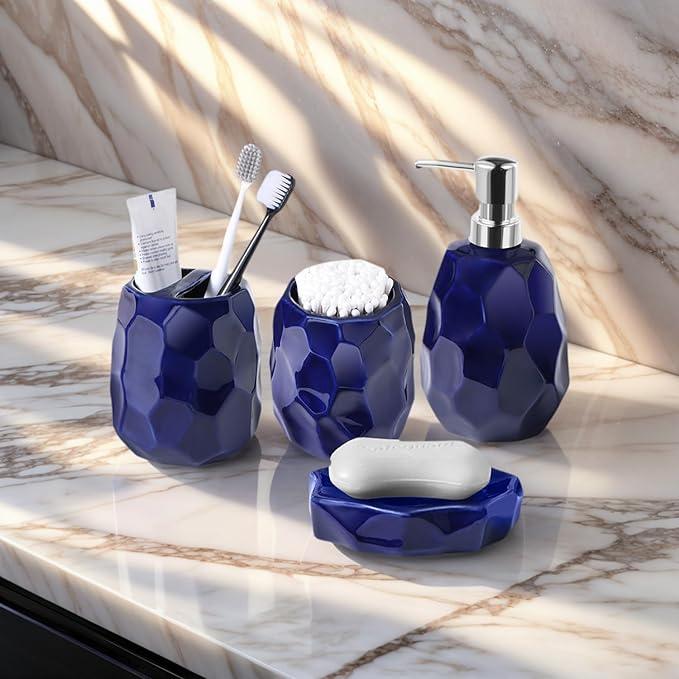 Ceramic Bathroom Accessories Set 4 PCS,Bathroom Toothbrush Holder Set,Soap and Toothbrush Holder Set,Include Toothbrush Holder,Soap Dispenser,Tumbler,Soap Dish,Bathroom Sets Decor Organizer(Navy Blue) - ModernBath