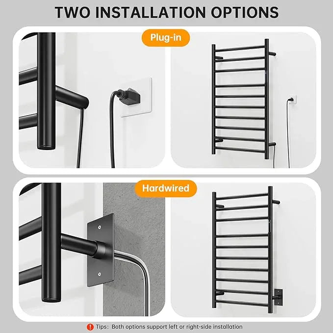 Towel Warmer Rack, Heated Towel Racks for Bathroom, Wall Mounted Towel Warmer, Stainless Steel 10-Bars Drying Rack with Intelligent Touch Screen Timer, Matte Black - ModernBath