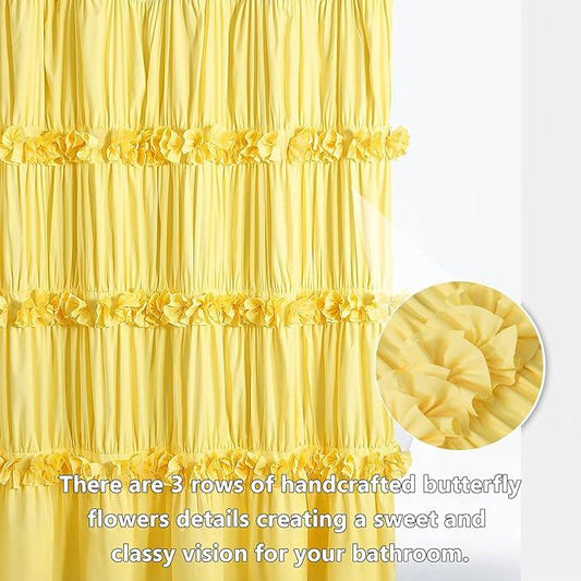 Homechoice Decor Bright Yellow Shower Curtain, Vintage Handcrafted Bow Tie Bath Curtain for Master Bathroom, Ruched Microfiber Bathroom Curtain with 12 Buttonholes, 72" W x 72" H (LQ-10) - ModernBath