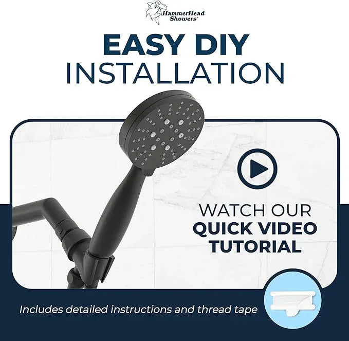 HammerHead Showers® Solid Metal 3-Spray Handheld Shower Head with Long Hose and Holder - MATTE BLACK - WIDE, MASSAGE, and MIST Sprays - 1.8 GPM Low Flow Handheld Showerhead - Water Saving Shower Head - ModernBath